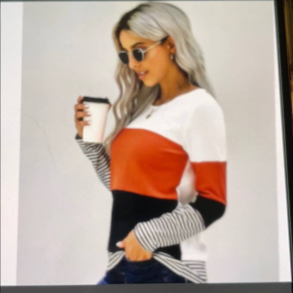 Stylish color block splicing striped red top - Picture 4 of 8